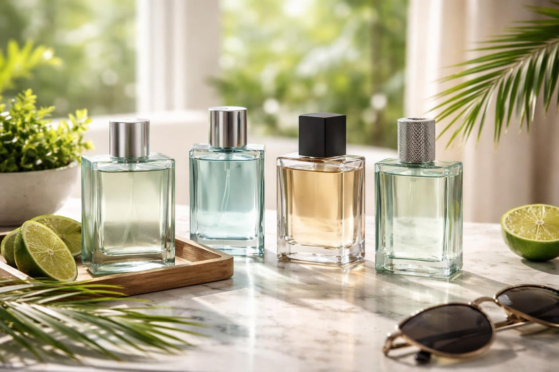 Men’s eau de toilette bottles on summer table