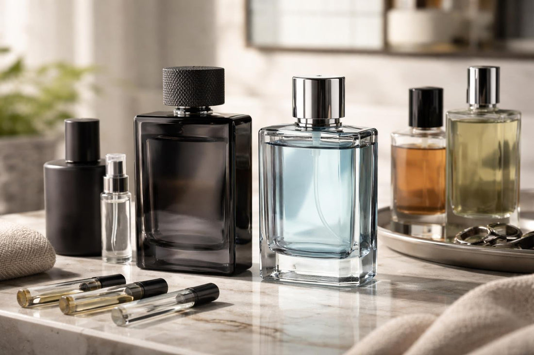 Assorted men’s eau de toilette bottles and samples