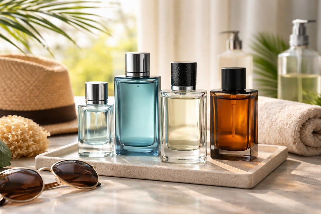Men's eau de toilette bottles arranged for summer selection