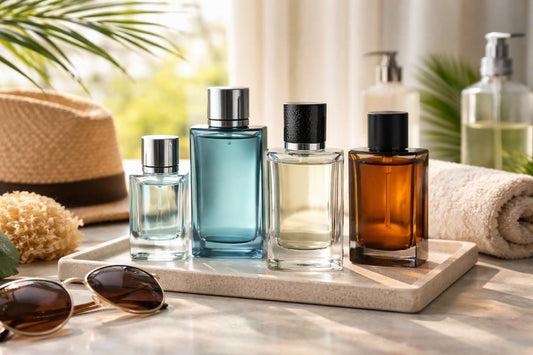 Men's eau de toilette bottles arranged for summer selection