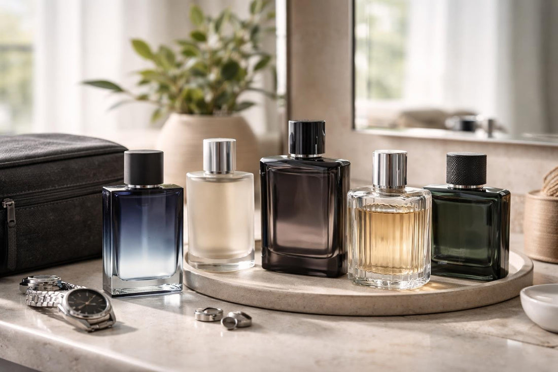 Men’s eau de toilette bottles styled for Ontario workdays