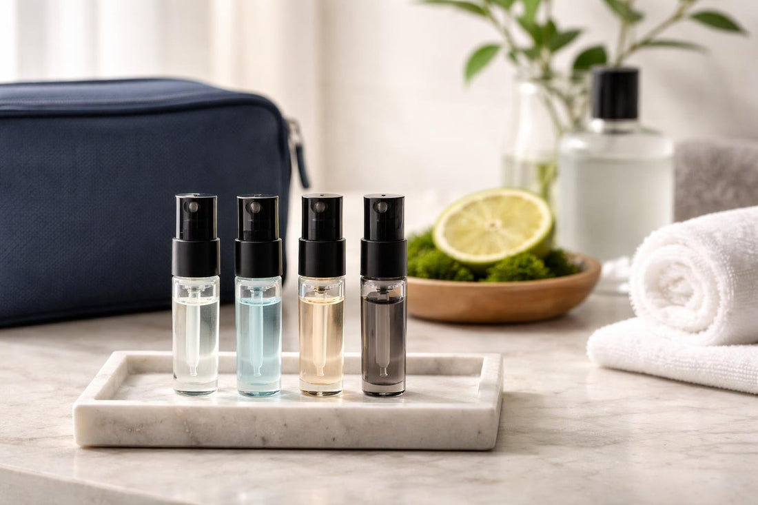 Men’s eau de toilette sampler vials arranged on countertop