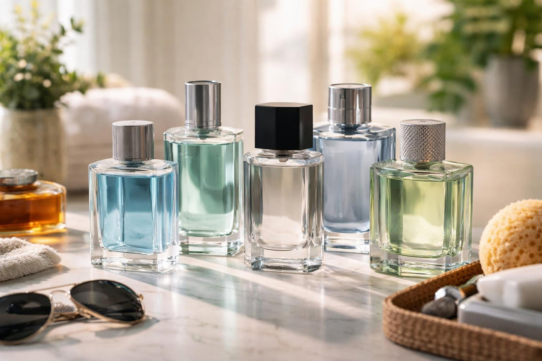 Men's summer eau de toilette bottles on display