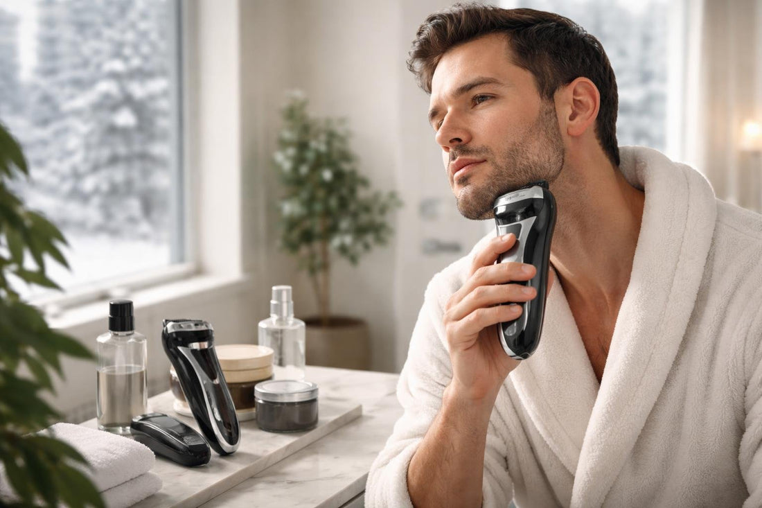 Man shaving with electric shaver in Toronto winter