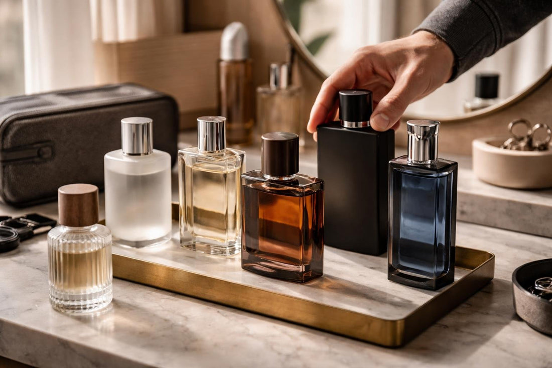Men arranging cologne bottles for a layered fragrance routine