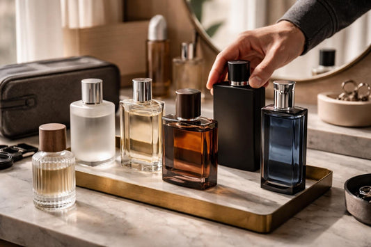 Men arranging cologne bottles for a layered fragrance routine