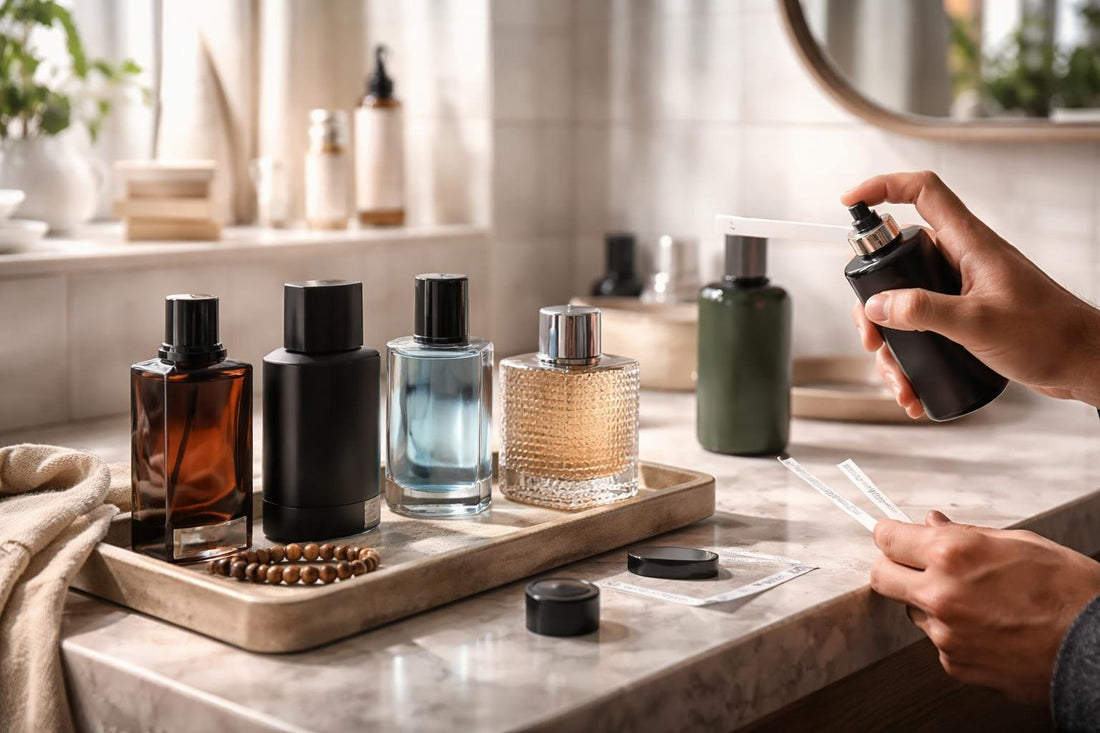 Men testing woody and fresh fragrances on blotter strips