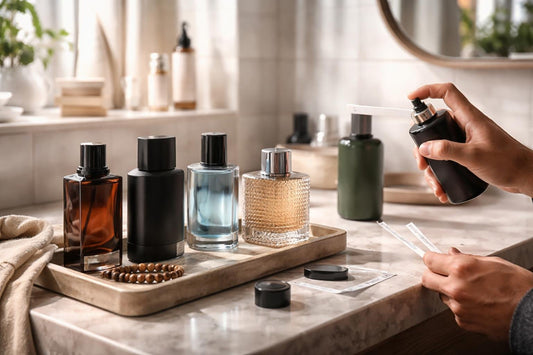 Men testing woody and fresh fragrances on blotter strips