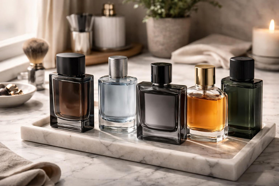 Five men's fragrances laid out for rotation