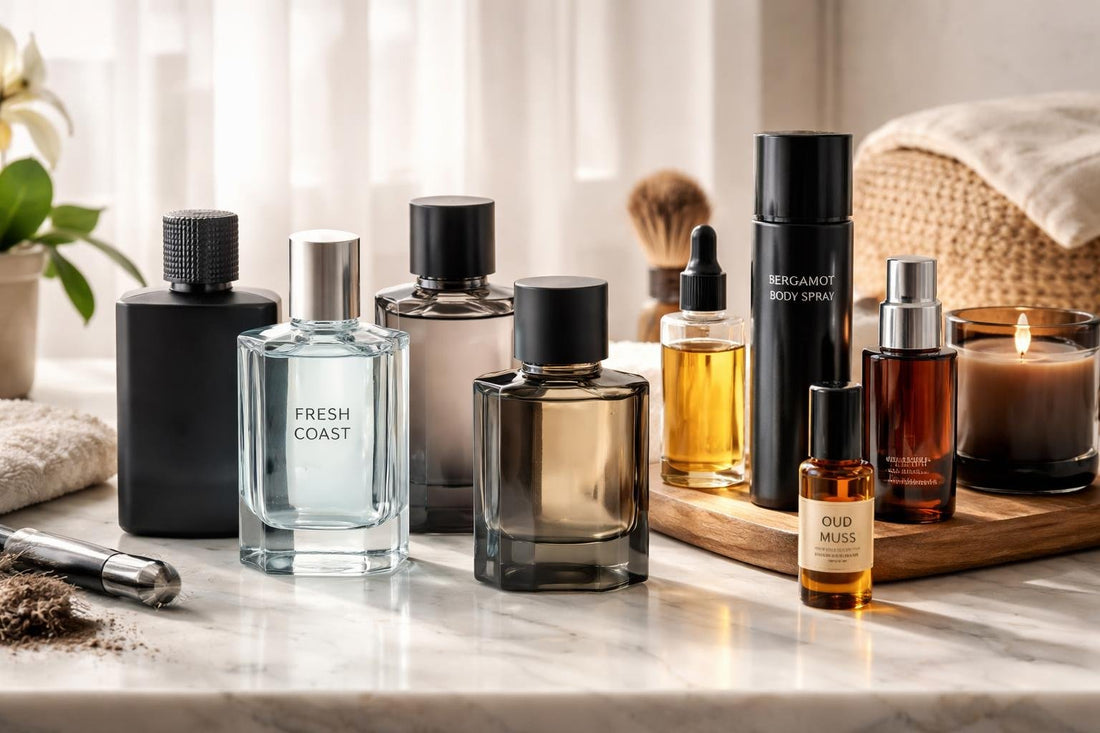 Men's fragrance bottles, oils and mists on a Toronto table