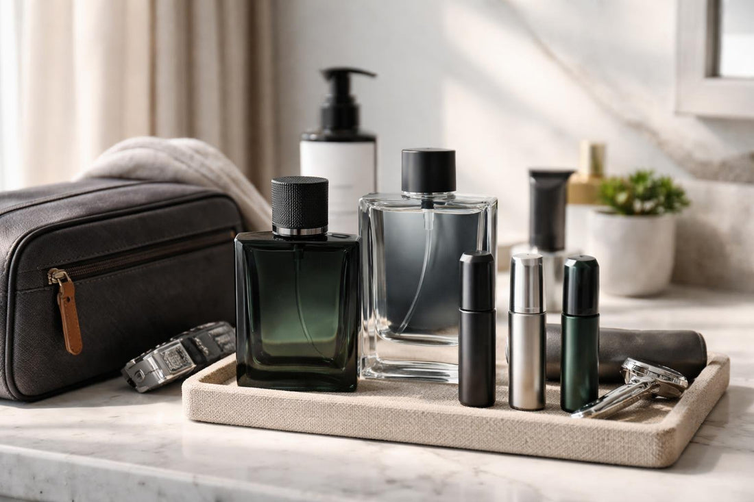 Travel-friendly men’s fragrance collection and grooming items