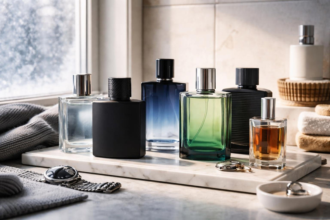 Toronto winter men's fragrance collection bottles on shelf