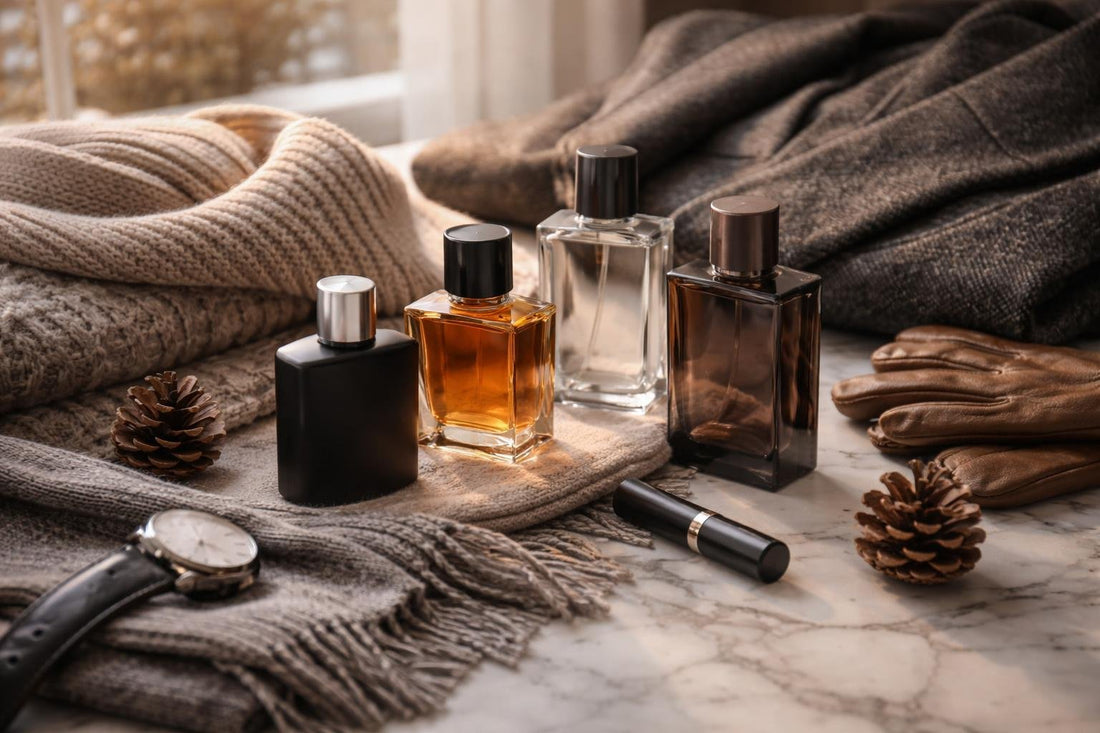 Men's fragrance bottles and winter clothing flatlay