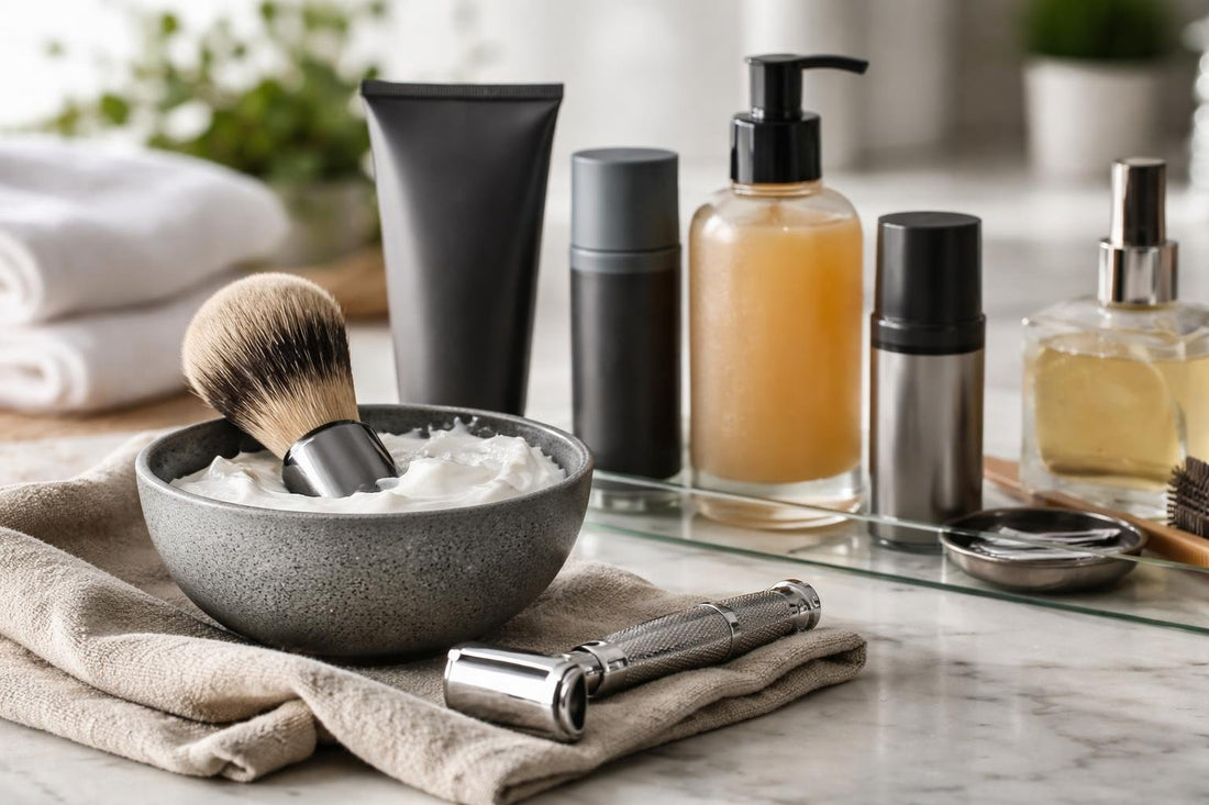 men grooming kit with razor and skincare