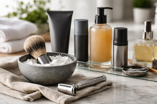 men grooming kit with razor and skincare