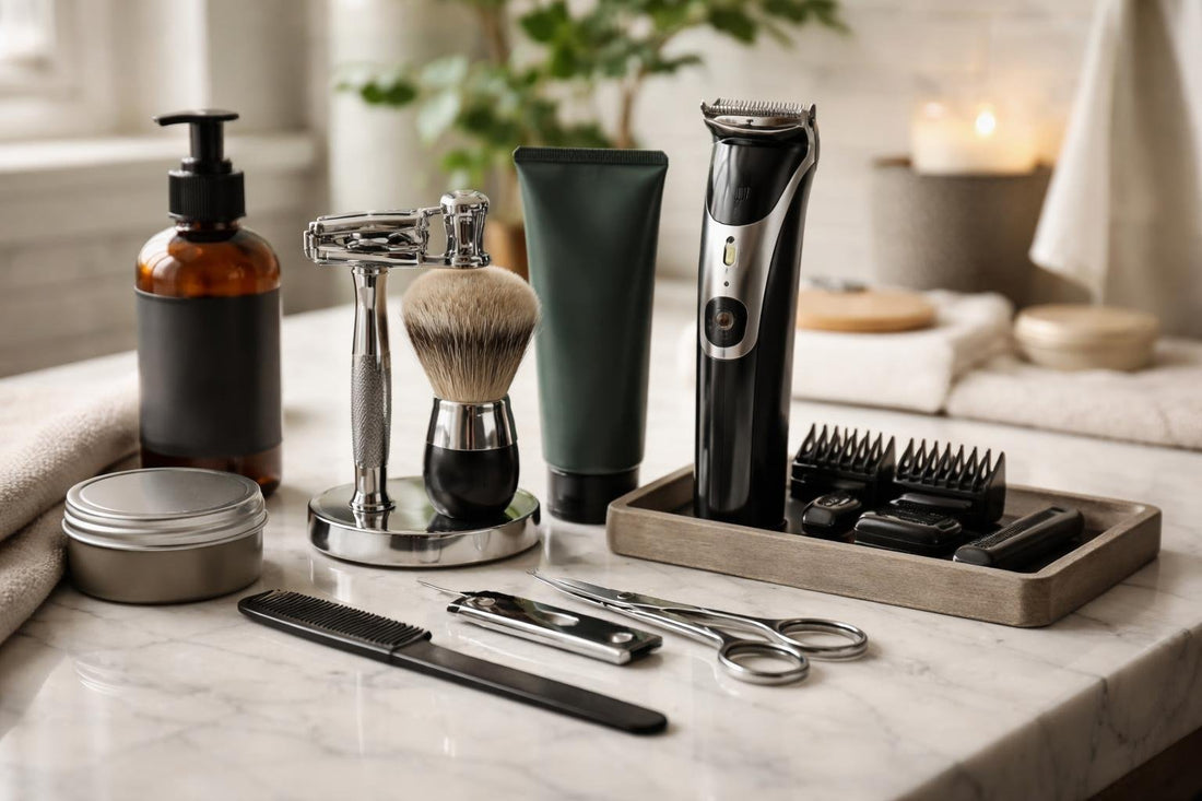men’s grooming set tools and accessories display