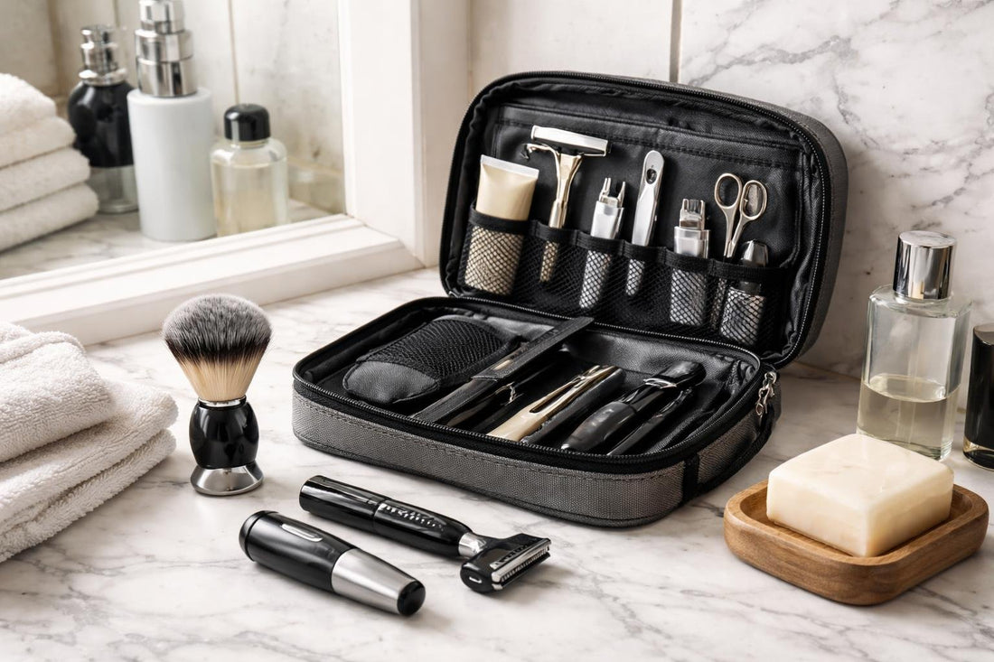 compact men's travel shaving and grooming kit
