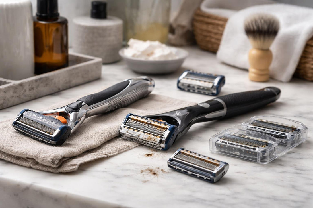 Men’s razor cartridges and blades troubleshooting close-up