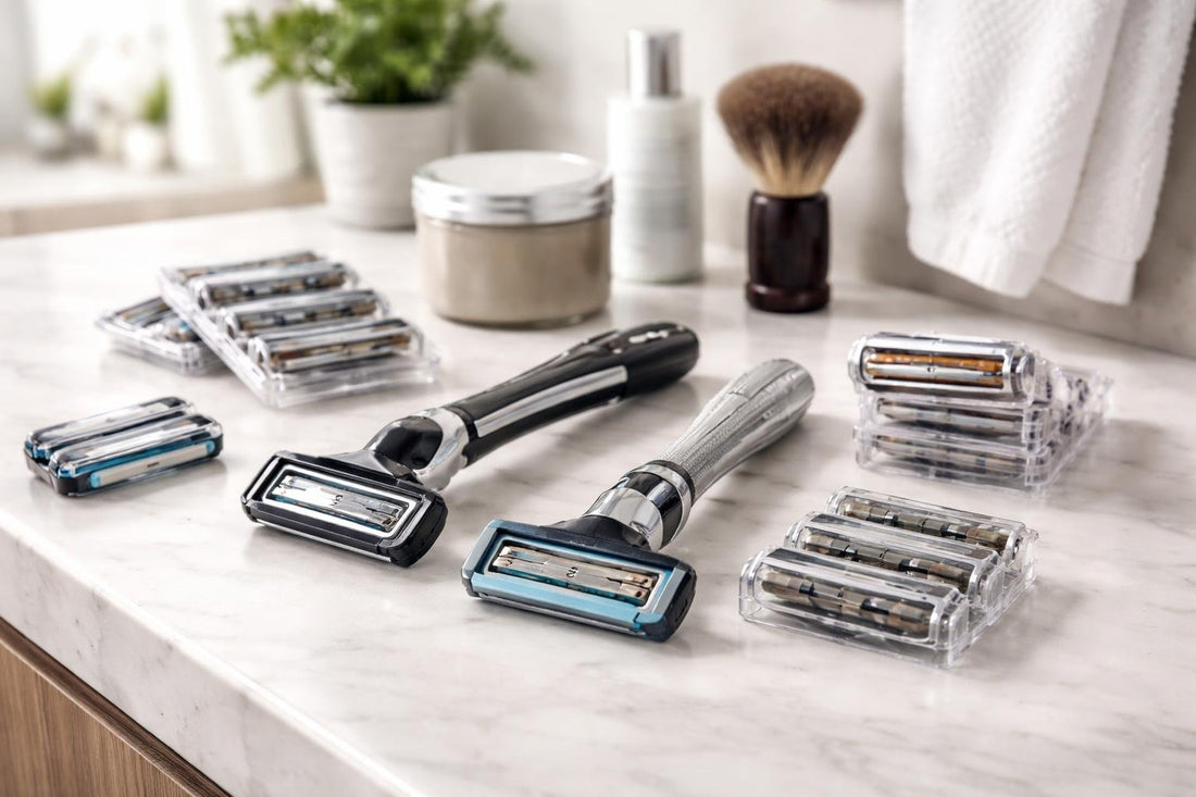 Men choosing razor blades and cartridges by skill level
