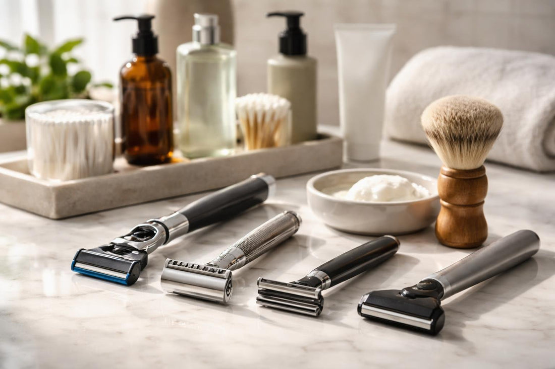 Men's cartridge razors and alternatives laid out on counter