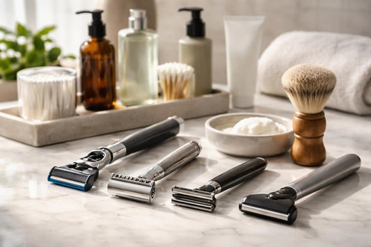 Men's cartridge razors and alternatives laid out on counter