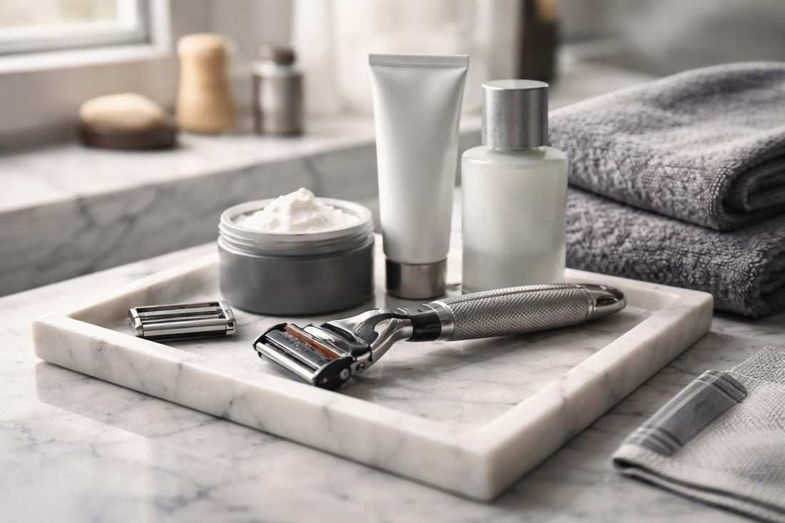 Men shaving with razor and fresh blades in winter