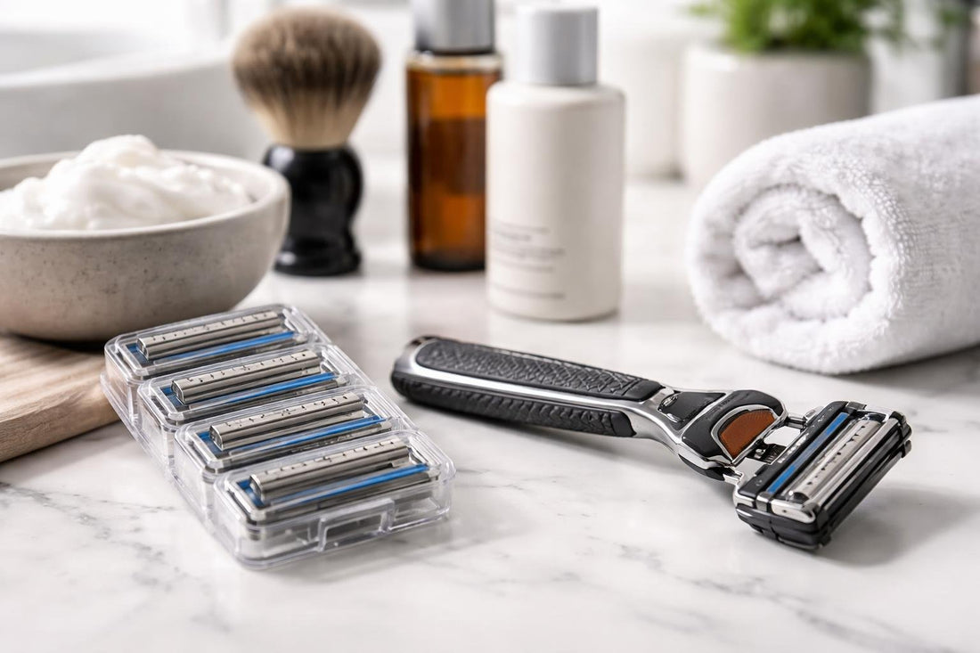 Close-up of men's razor, blades and refill pack