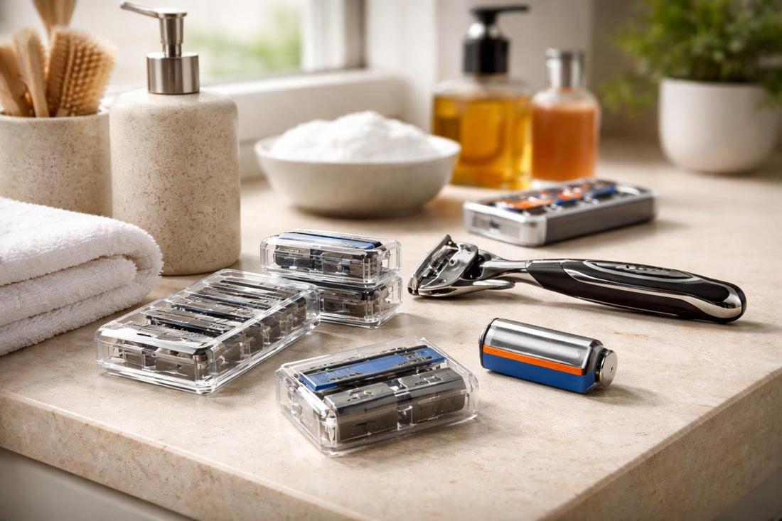 Budget razor cartridges and blades on bathroom counter