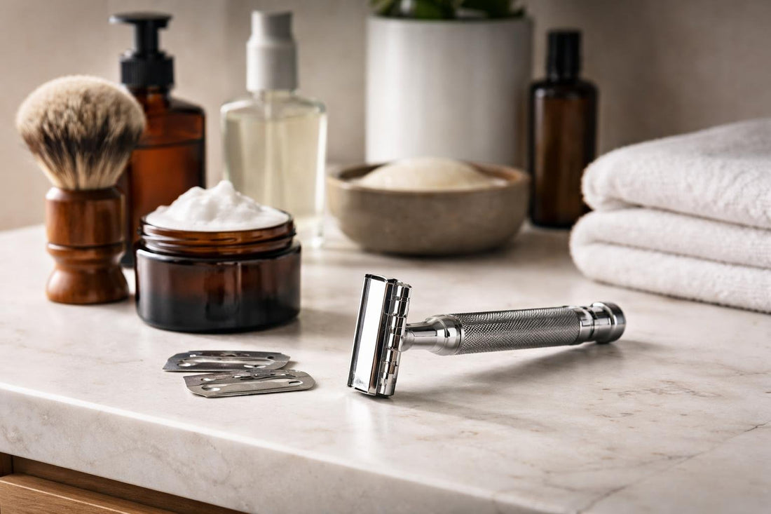 Men’s safety shaving razor and blades on bathroom counter