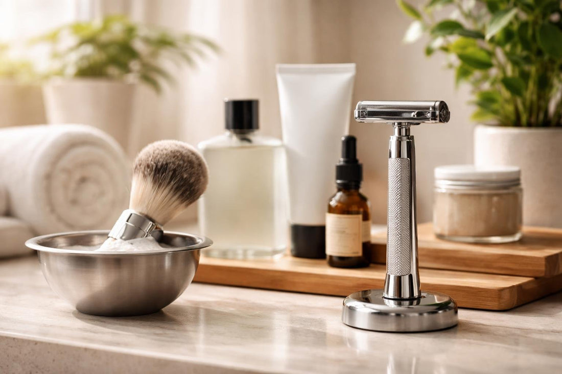 Men using safety shaving razor during spring grooming