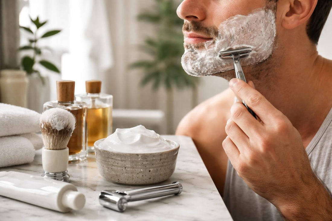 Man using a safety razor with rich shaving lather