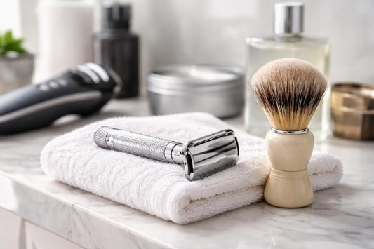 Men's safety razor with shaving brush on towel