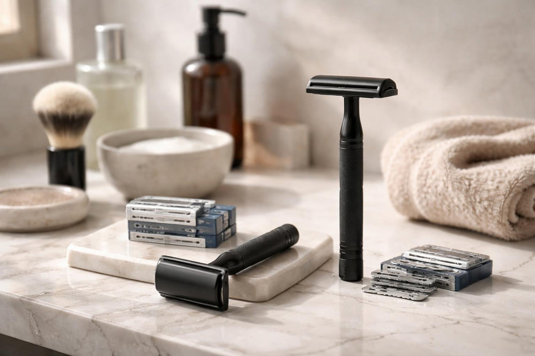 Matte black safety razors and replacement blades