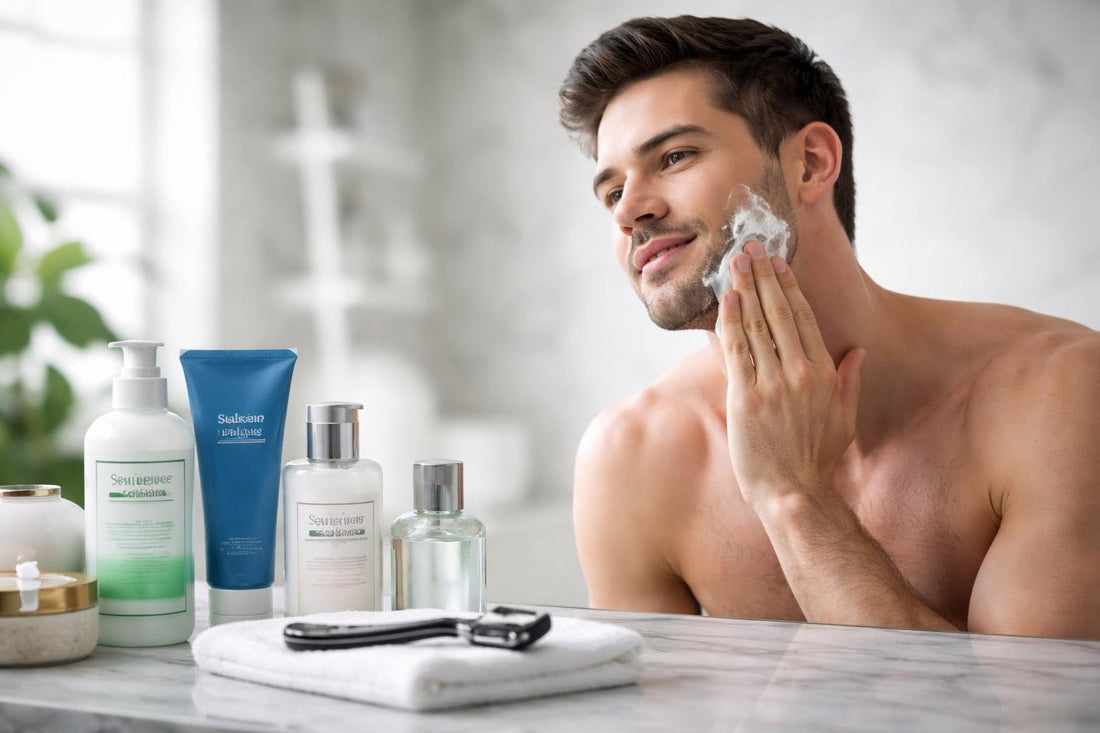 Canadian man applying sensitive skin shaving gel