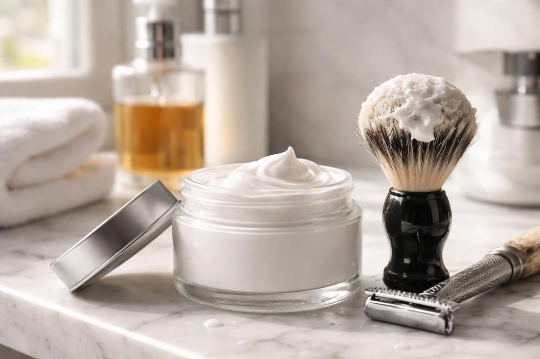 men's shaving cream jar and brush close-up Toronto