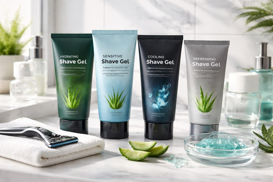 Men’s shaving gels lineup with razors and aloe