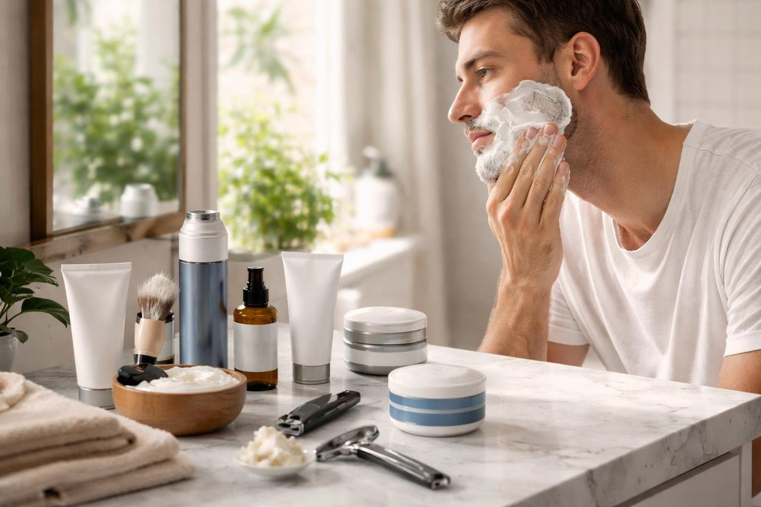Man applying shaving cream to sensitive skin