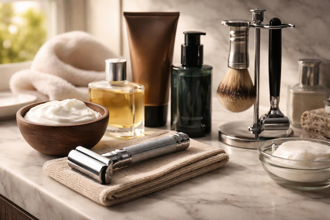 Men’s shaving accessories laid out for a smoother shave