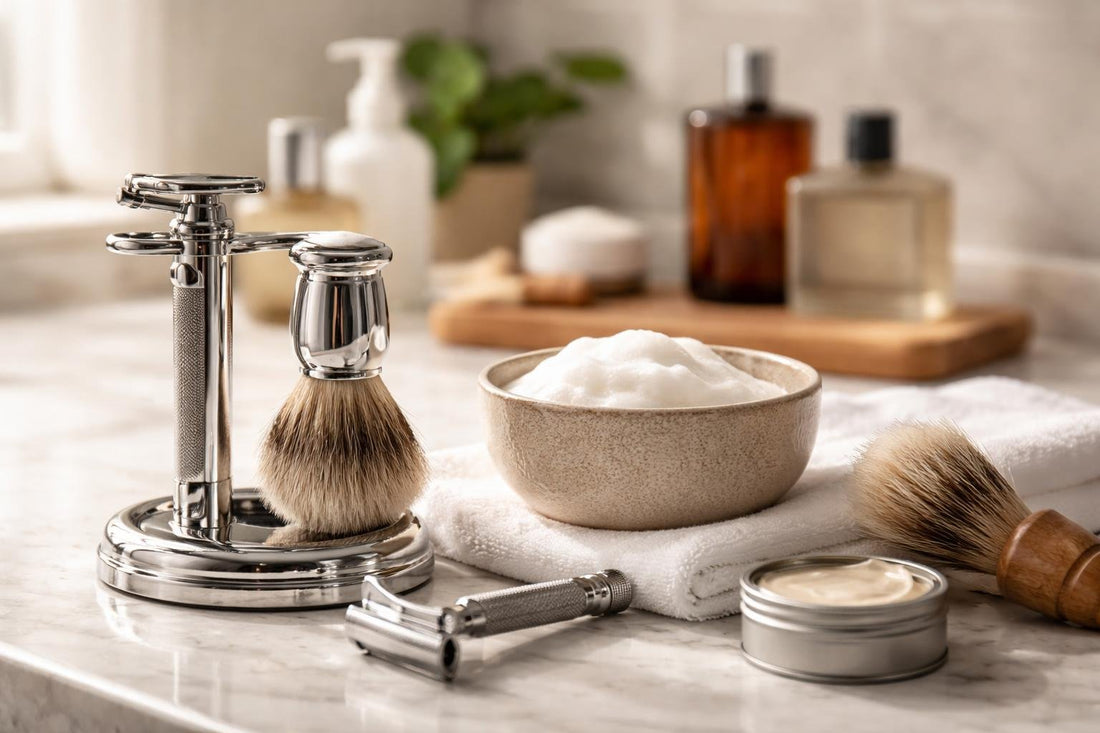 Men using shaving brush and razor for smooth shave