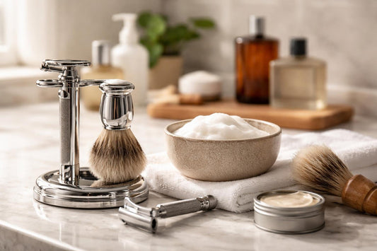 Men using shaving brush and razor for smooth shave