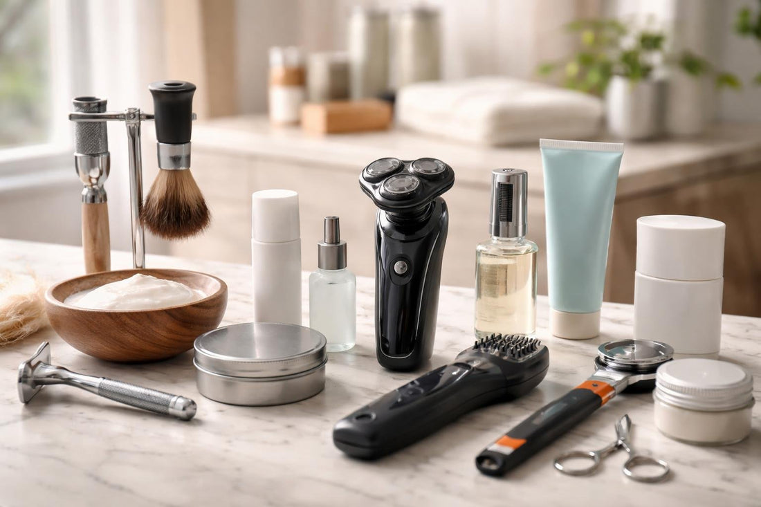 men's shaving accessories and alternatives laid out