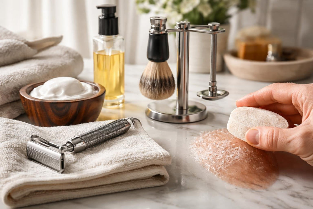 men using shaving brush and alum block close-up