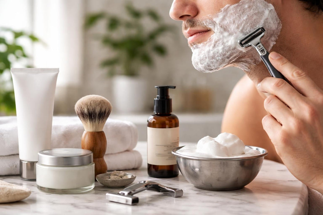 close-up shaving cream lather on man's jawline for sensitive skin