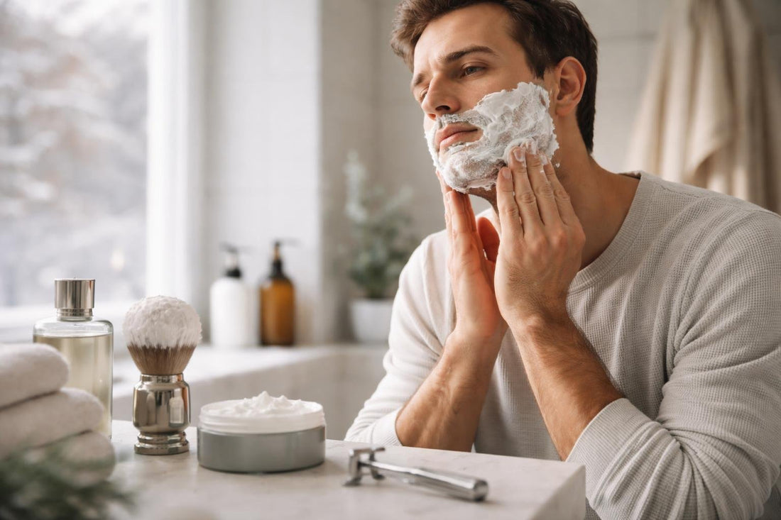 Man applying rich shaving cream in dry winter weather