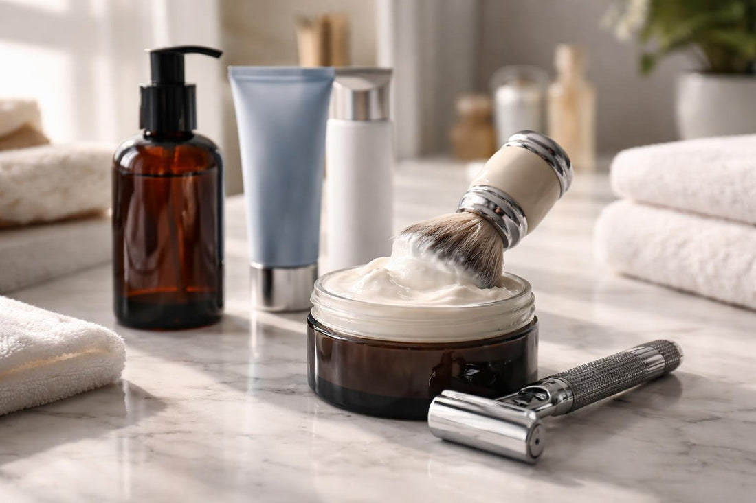 Close-up of shaving cream, brush and razor on counter