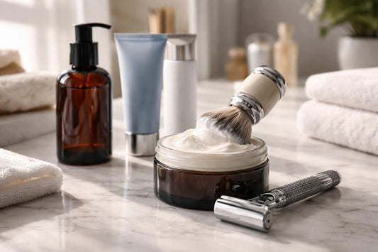Close-up of shaving cream, brush and razor on counter