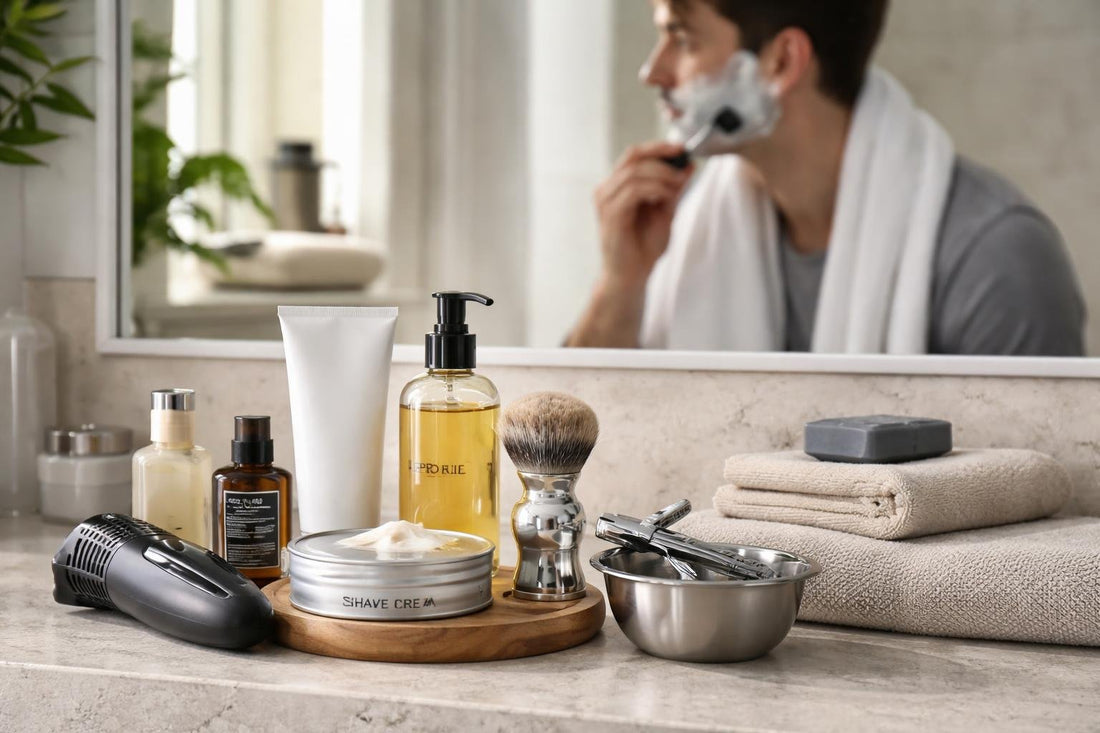 Toronto man shaving with grooming essentials nearby