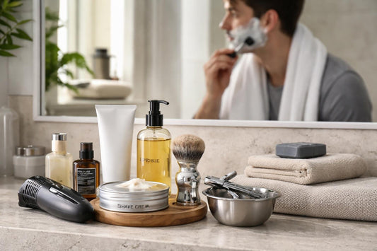 Toronto man shaving with grooming essentials nearby