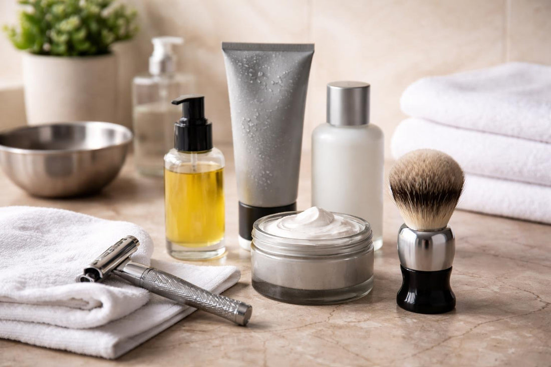 Men’s shaving essentials laid out for sensitive skin routine