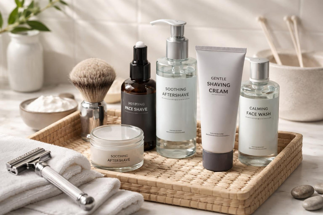 Men shaving routine products for sensitive skin